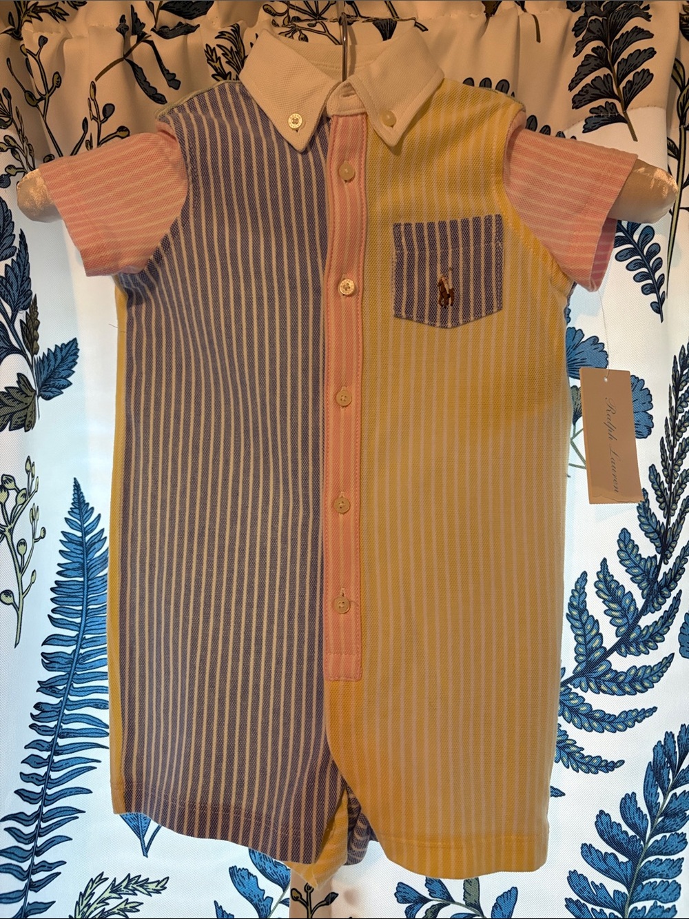 NWT Ralph Lauren Striped Polo Baby Romper - Pastel Pink, Blue & Yellow